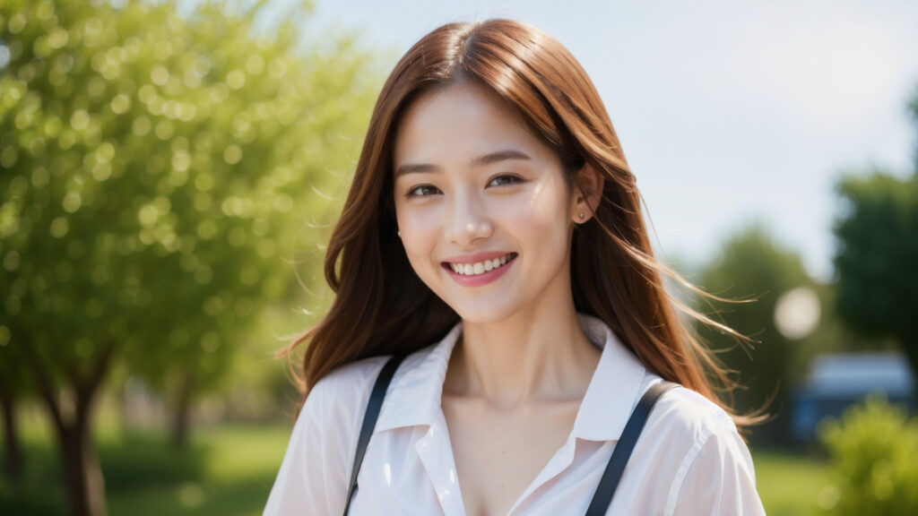 公園にいる笑顔の女性[437559490]