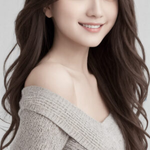 肩出しニットセーターを着た笑顔の女性