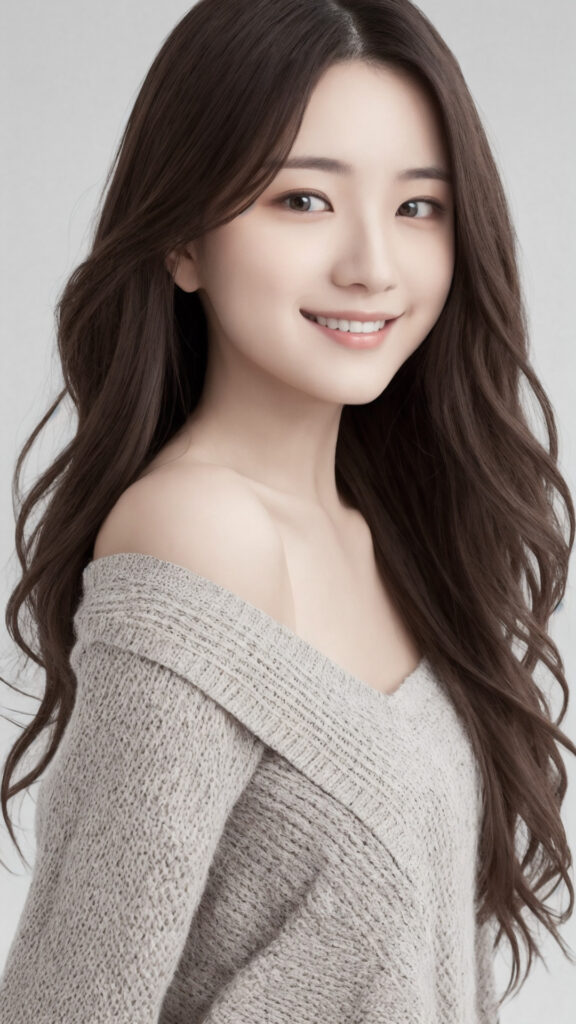 肩出しニットセーターを着た笑顔の女性[1015989406]