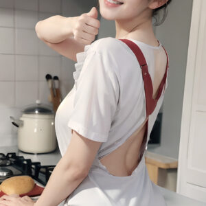 味見して美味しくて笑顔で振り向くグッドサインの女性