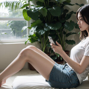 部屋でスマホをいじる女性