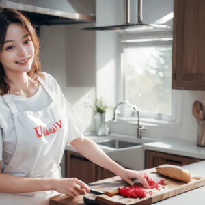 キッチンから笑顔で話しかける女性