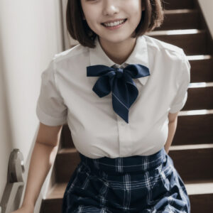 学校の階段でおしゃべりする笑顔の女子高生