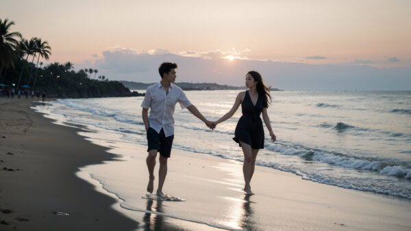 夕方のビーチを歩くカップル