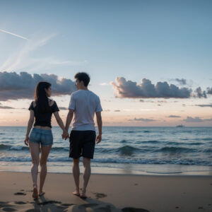 夕方のビーチを歩くカップル