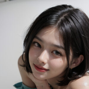 上目遣いで見上げる笑顔の女性