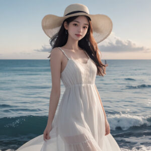 夕方の海をバックに白いワンピースと大きなハットをかぶったお嬢様スタイルの女性