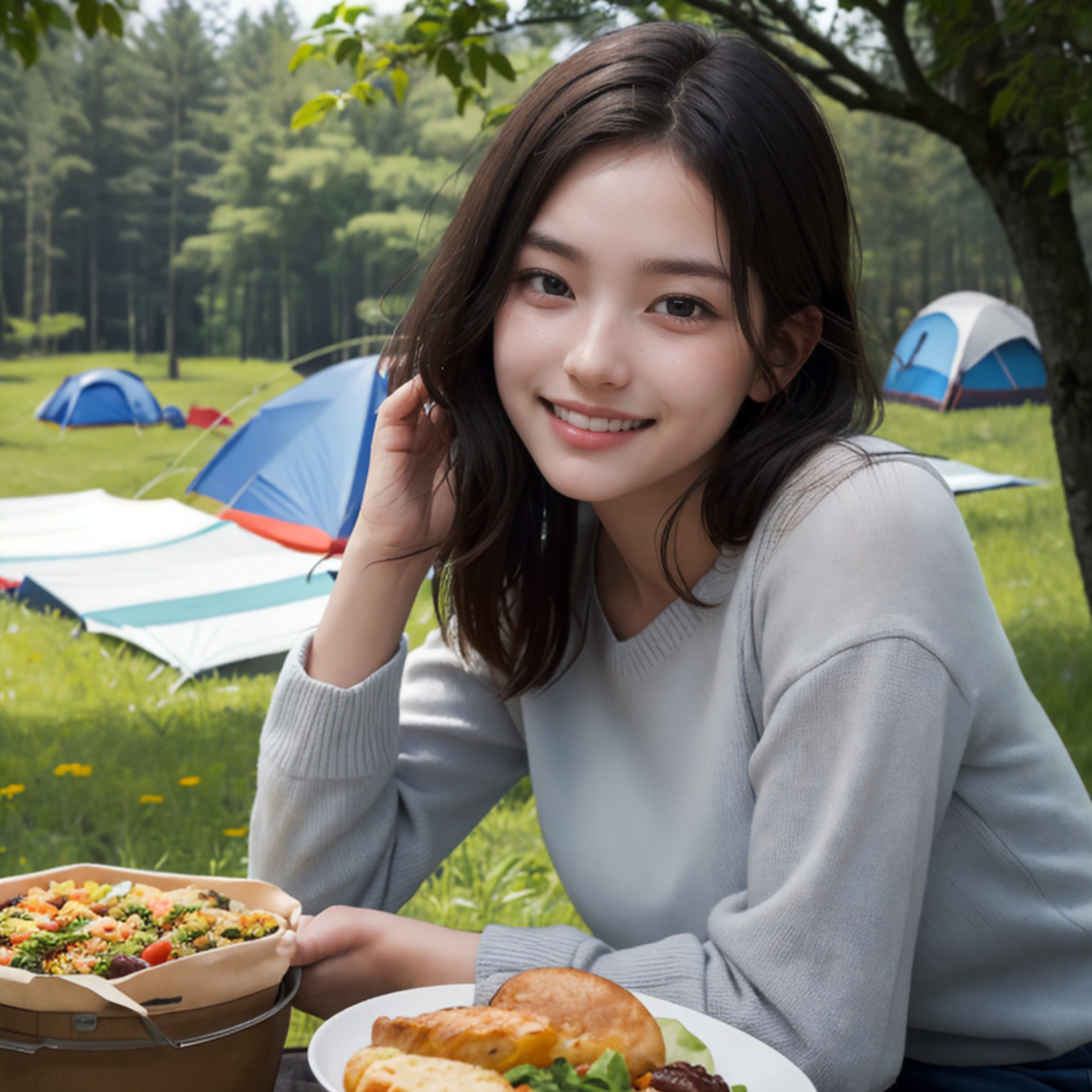 キャンプ場でオシャレなキャンプ飯を食べる女性