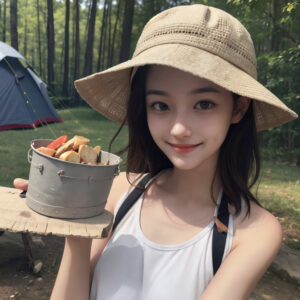 キャンプ飯と笑顔のキャンプ女子