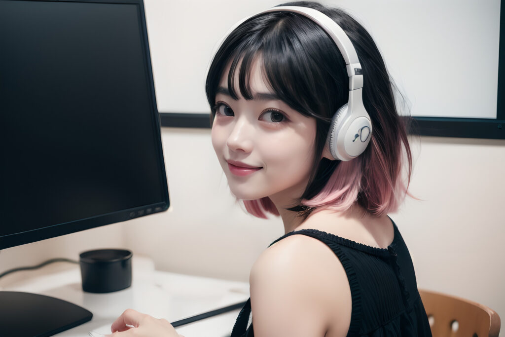 ヘッドホンで音楽を聴きながら作業するデザイナーの女性[2040070232]