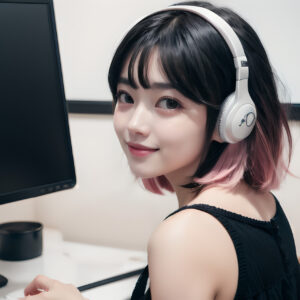 ヘッドホンで音楽を聴きながら作業するデザイナーの女性