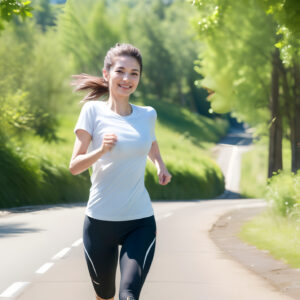 緑の綺麗な林道でランニングする女性
