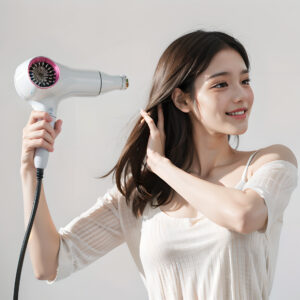 ドライヤーで髪を乾かす女性