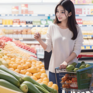 カートを押しながらスーパーで買い物する女性