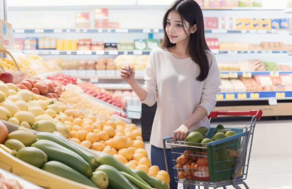 カートを押しながらスーパーで買い物する女性