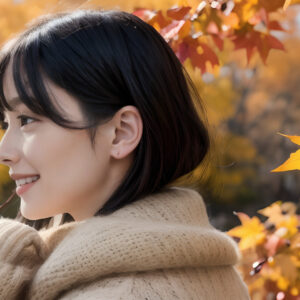 紅葉を見ている横顔の女性