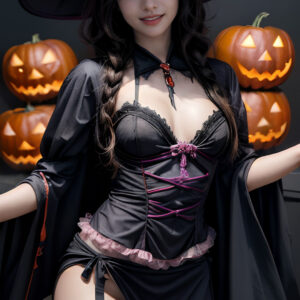 ハロウィンで魔女のコスプレをした女性