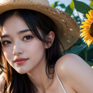 向日葵と麦わら帽子の女性