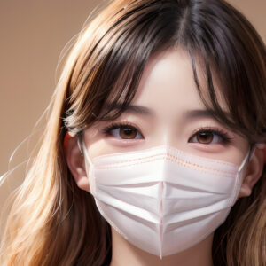 ピンクベージュのマスクをして正面を向いているマスク美女