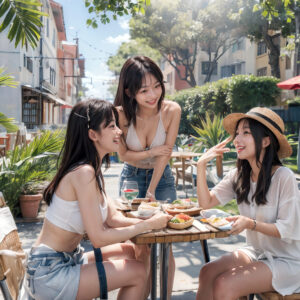 美しい街並みのテラス席で食事とおしゃべりを楽しむ女子旅