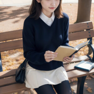 紅葉の綺麗な公園のベンチで本を読む女性