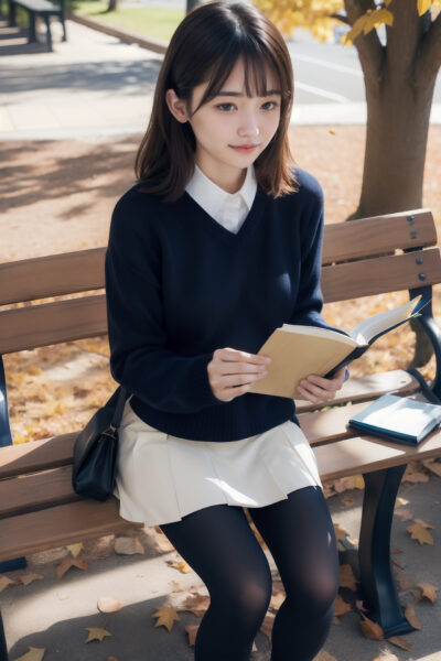 紅葉の綺麗な公園のベンチで本を読む女性