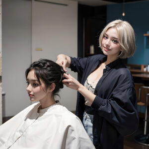 カットした髪をセットする美容師の女性