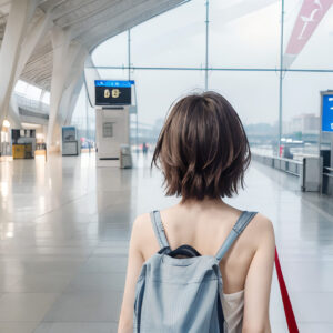 旅行に行くため空港を歩く後ろ姿の女性