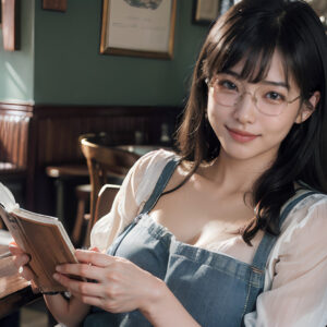 カフェで本を読みながら微笑むメガネをかけた女性