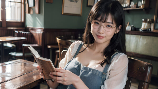 カフェで本を読みながら微笑むメガネをかけた女性