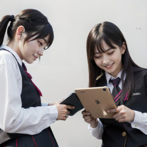 笑顔でタブレットを見る2人の女子高生
