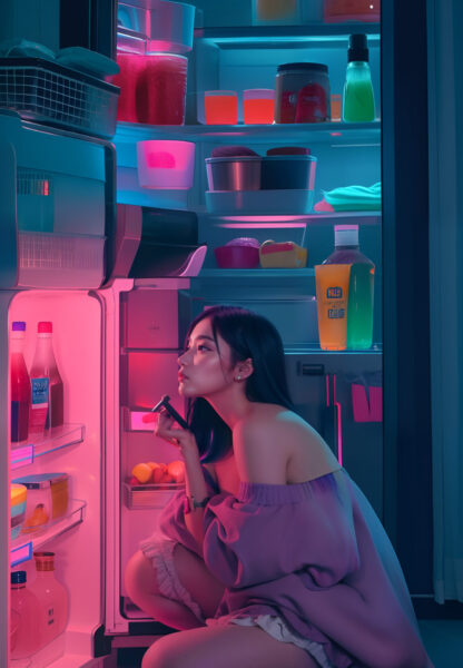 ニュートロな部屋の冷蔵庫で何かを探している女性