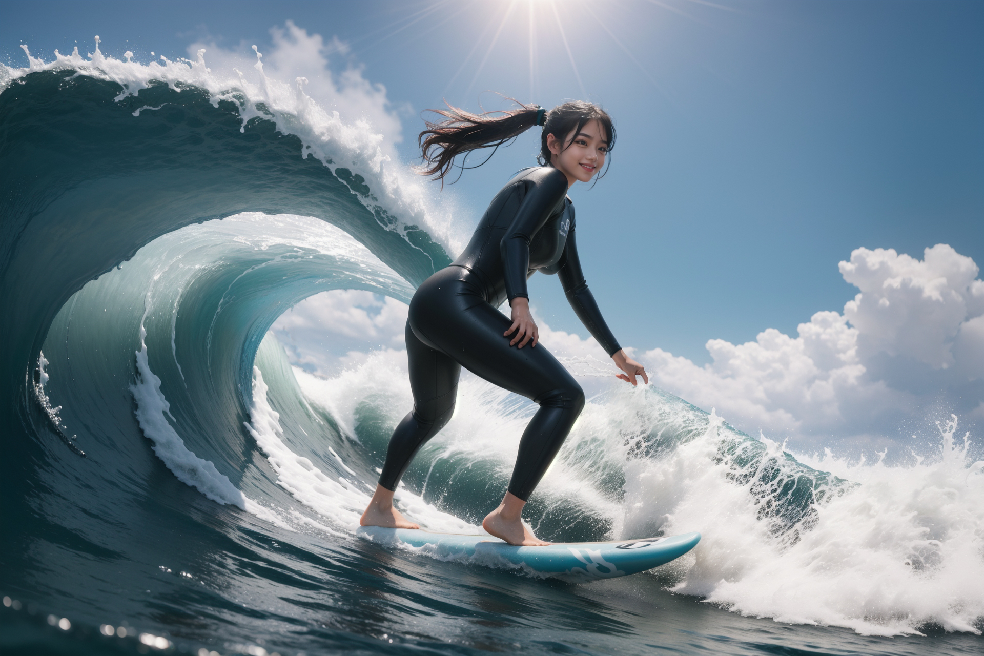 いい波に乗ってサーフィンをする女性