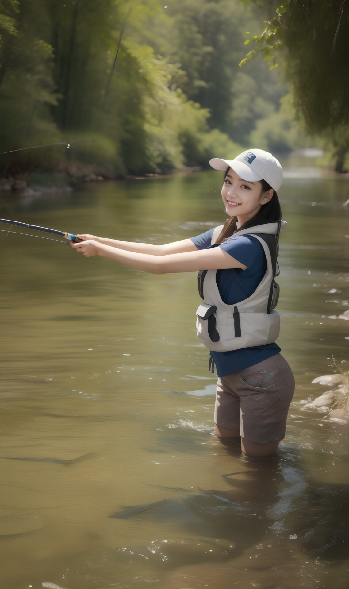 川で渓流釣りを楽しむ女性