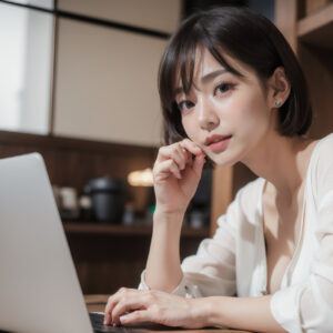 カフェでノートPCを使った仕事をする女性