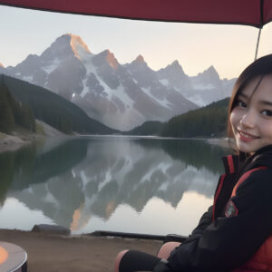 山と湖の大自然の絶景でキャンプする女性