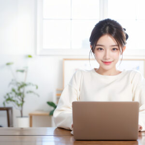 自宅でノートPCを使って作業している笑顔の女性