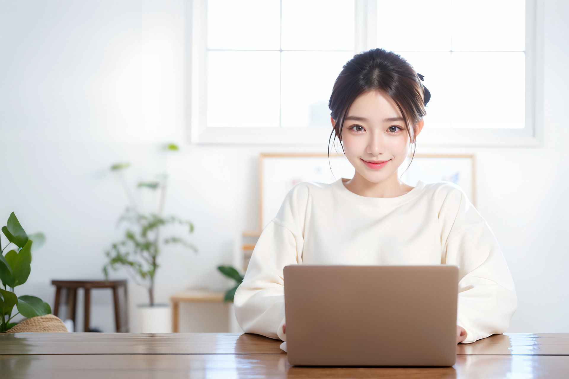 自宅でノートPCを使って作業している笑顔の女性