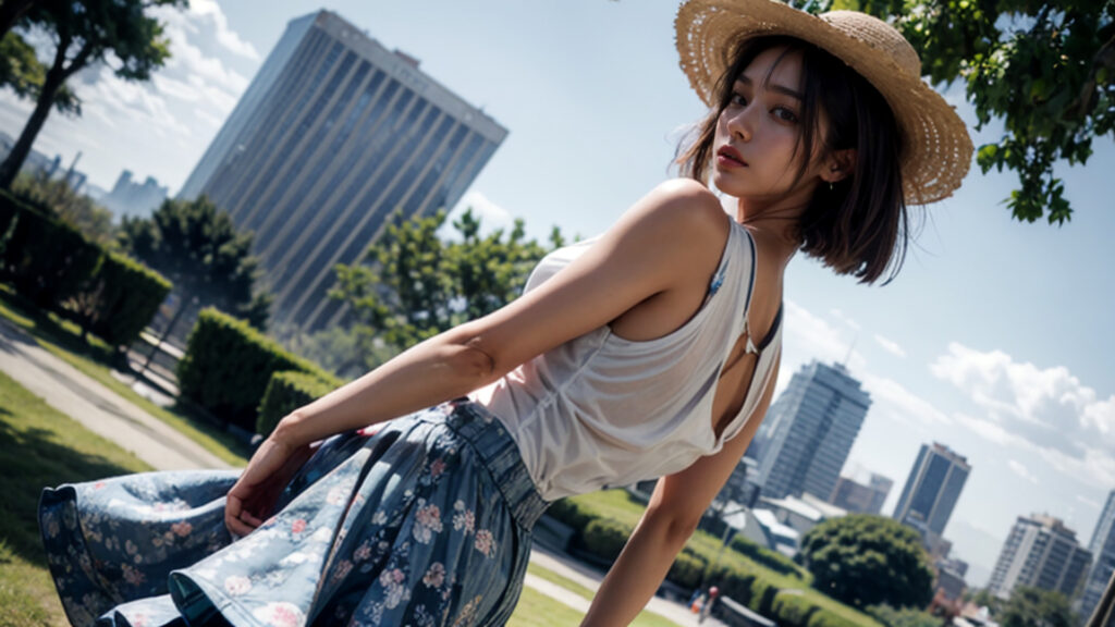 都会の公園を散歩する帽子を被った女性[351816619]