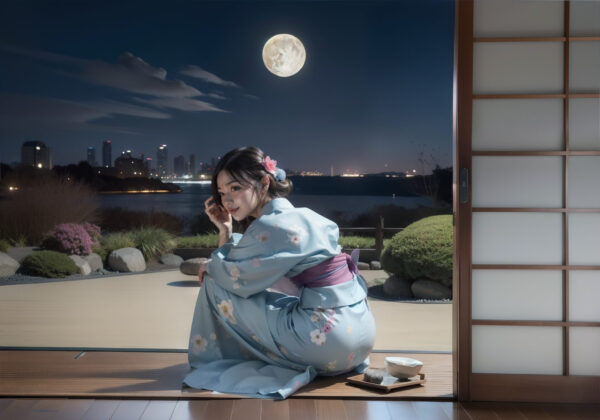 日本庭園の縁側でお月見する浴衣の女性