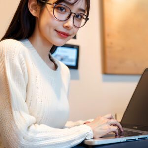 ノートPCで作業しているメガネをかけた女性