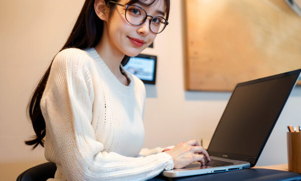 ノートPCで作業しているメガネをかけた女性