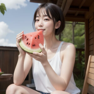 ウッドデッキでスイカを食べる女性