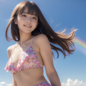 青空と虹とフリルの水着女性