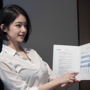 大きなスクリーンの前で資料を持ちながらプレゼンする女性