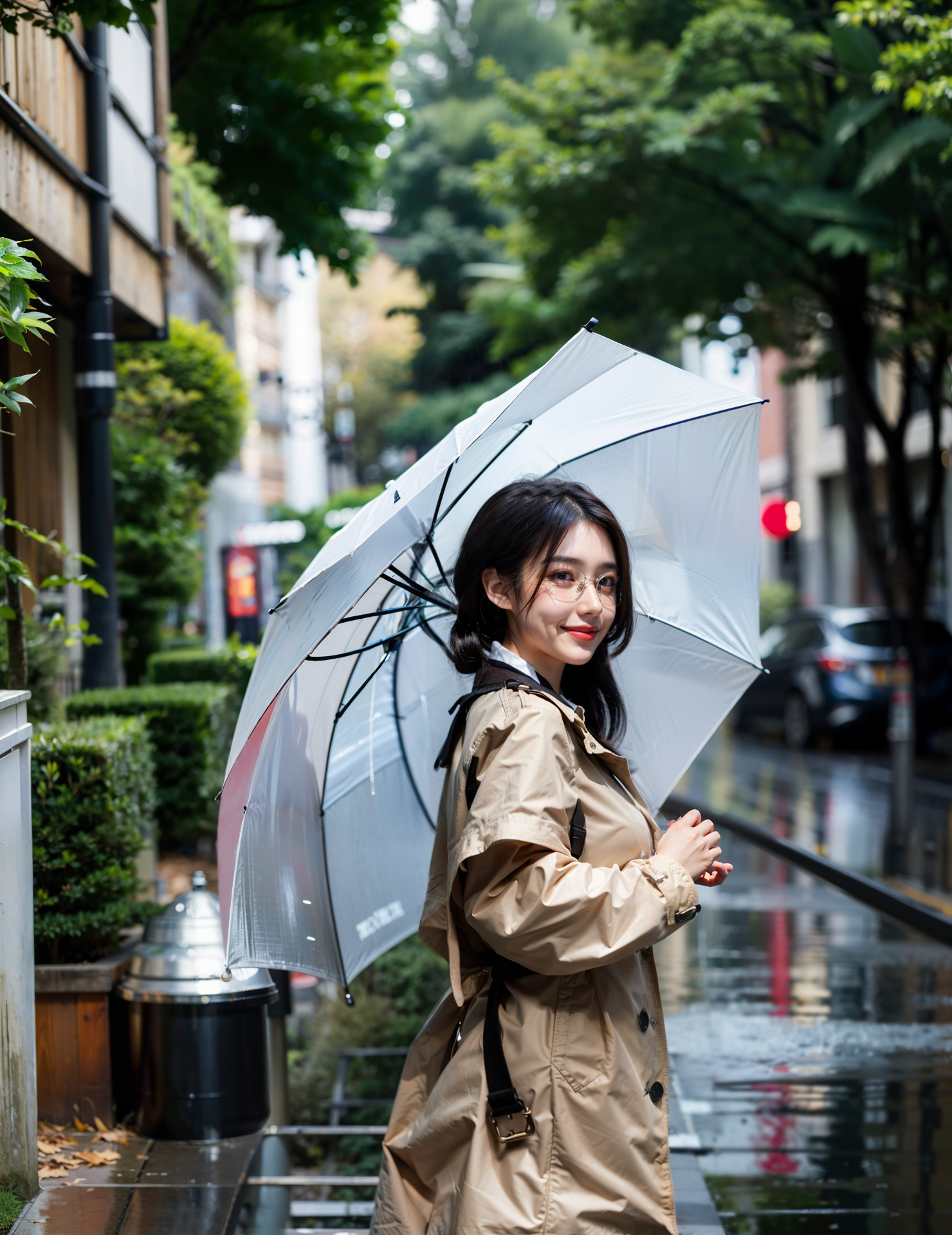 雨の街を傘を差しながら歩くメガネの女性