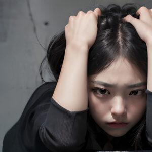 眉間にしわを寄せて頭を抱えて悩む女性