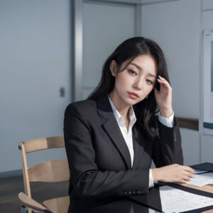 疲れた感じで眠そうな表情で仕事する女性