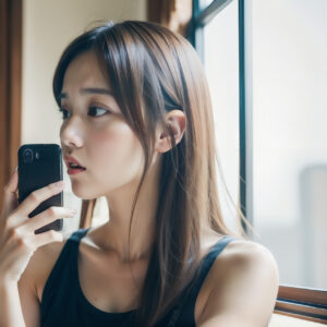 窓際でスマホを持ちながら悲しそうな表情をする女性