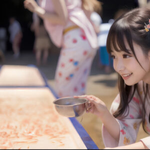 夏祭りで金魚すくいをする浴衣美女